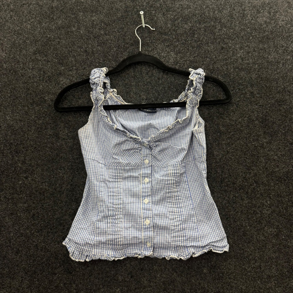 Brandy Melville Blue White Gingham Ruffle Button Front Tank Top Blouse One Size